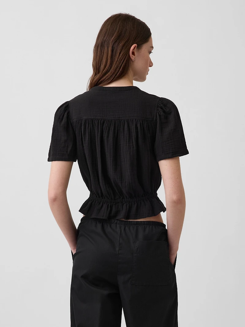 Cotton Gauze Button-Front Crop Peplum Top
