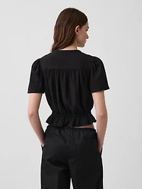 Cotton Gauze Button-Front Crop Peplum Top