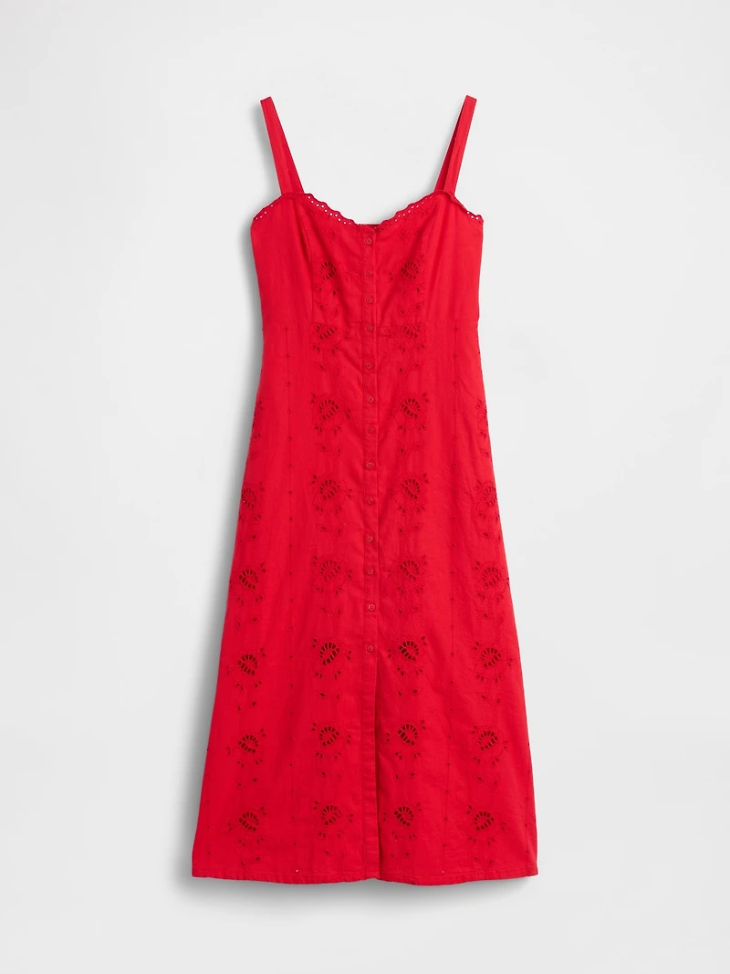 Linen-Blend Embroidered Button-Front Cami Maxi Dress