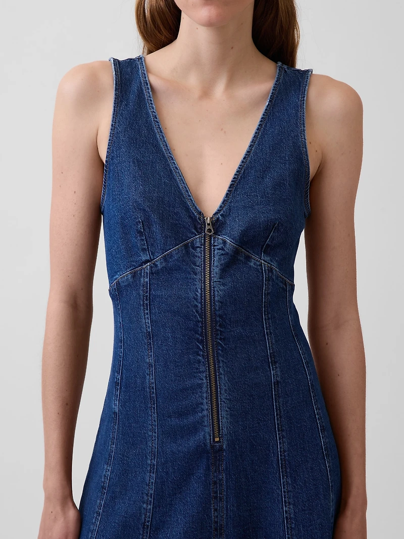 Denim Seamed Zip-Front Midi Dress