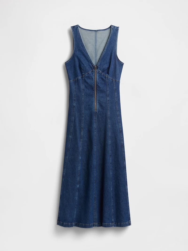 Denim Seamed Zip-Front Midi Dress