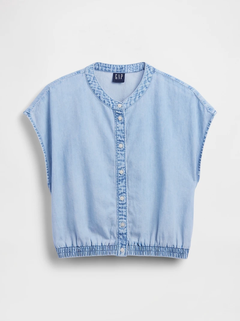 Denim Cap-Sleeve Crop Button-Front Top