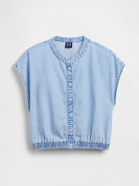 Denim Cap-Sleeve Crop Button-Front Top