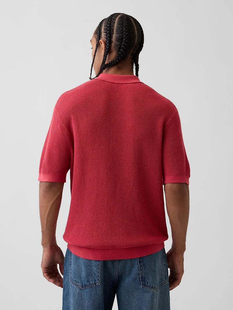 Linen-Blend Camp Polo Sweater Shirt