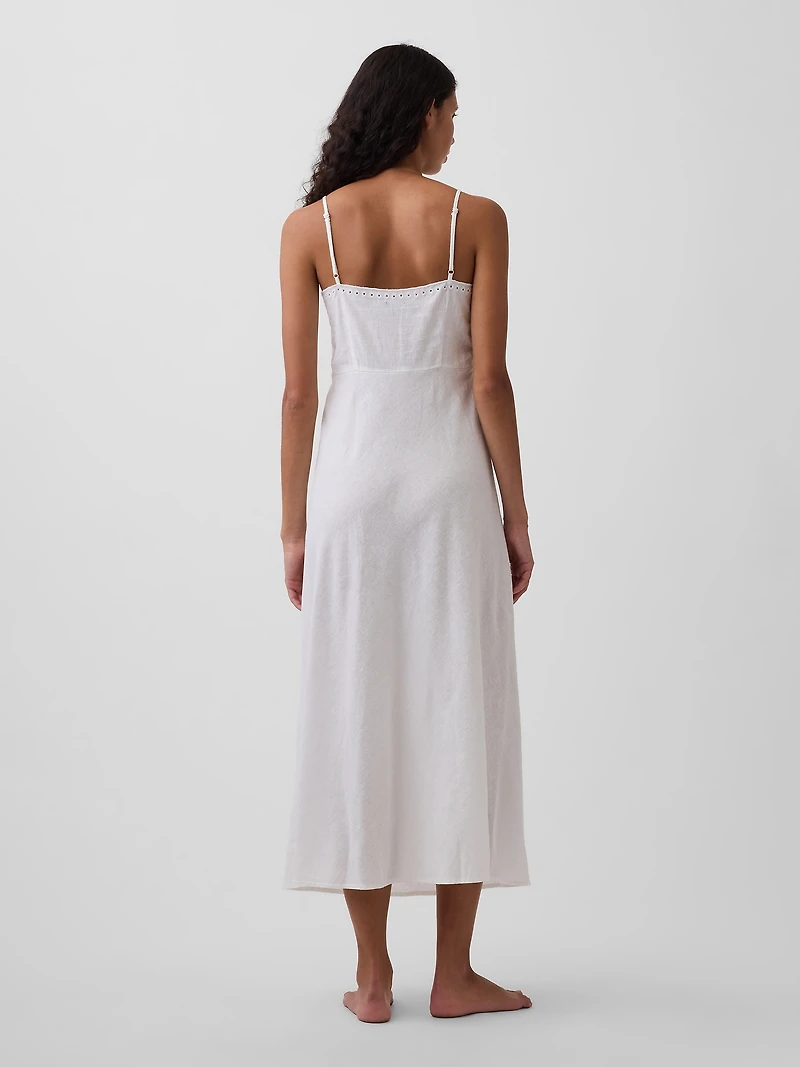 Linen-Blend Embroidered PJ Cami Midi Dress
