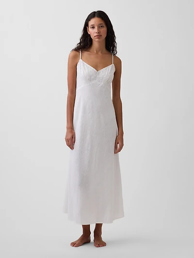 Linen-Blend Embroidered PJ Cami Midi Dress