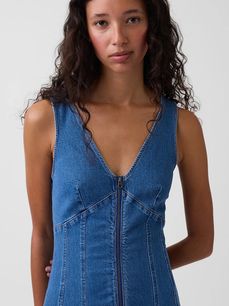 Denim Zip-Front Midi Dress