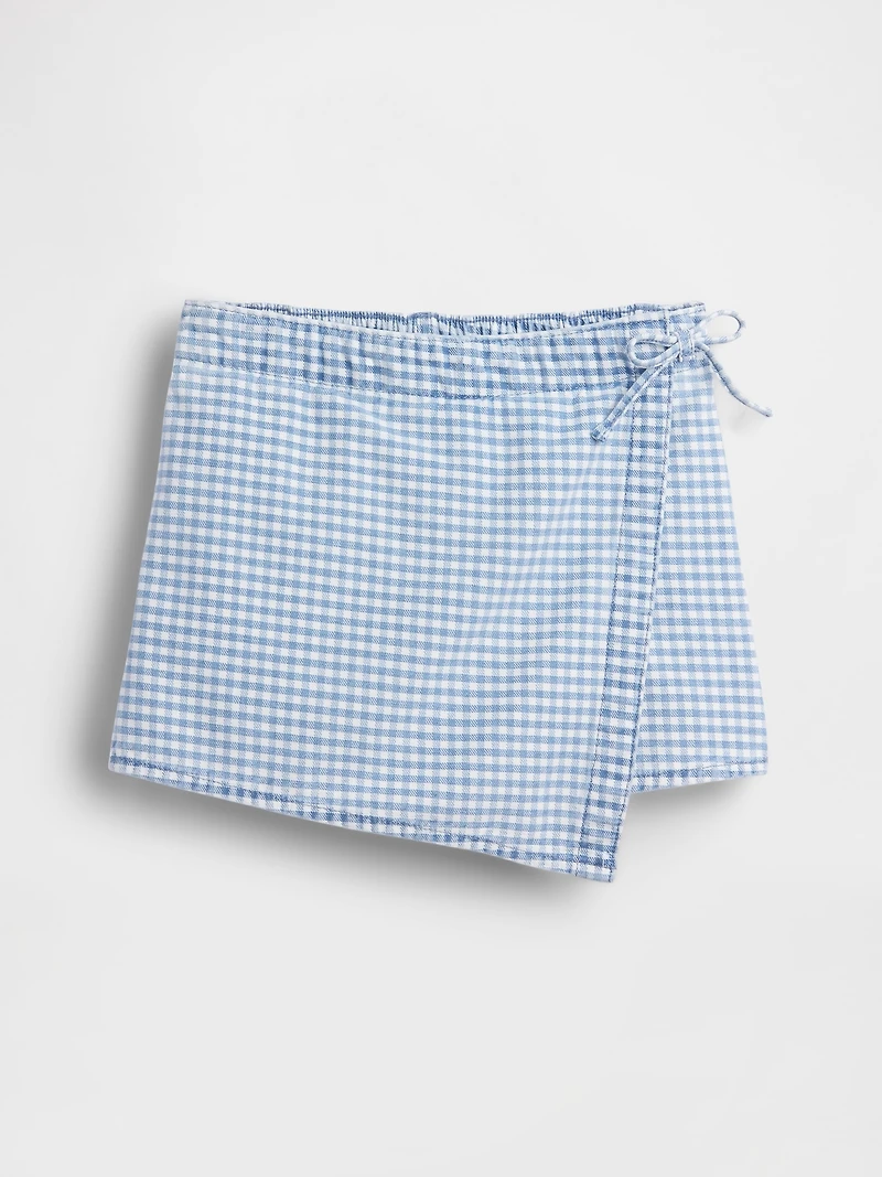 Kids Gingham Denim Wrap-Front Mini Skort