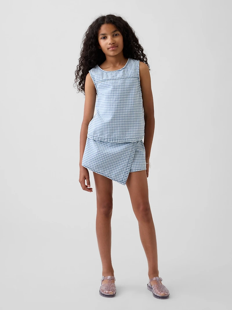 Kids Gingham Denim Wrap-Front Mini Skort