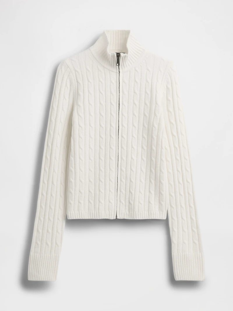CashSoft Cable-Knit Crop Zip Cardigan