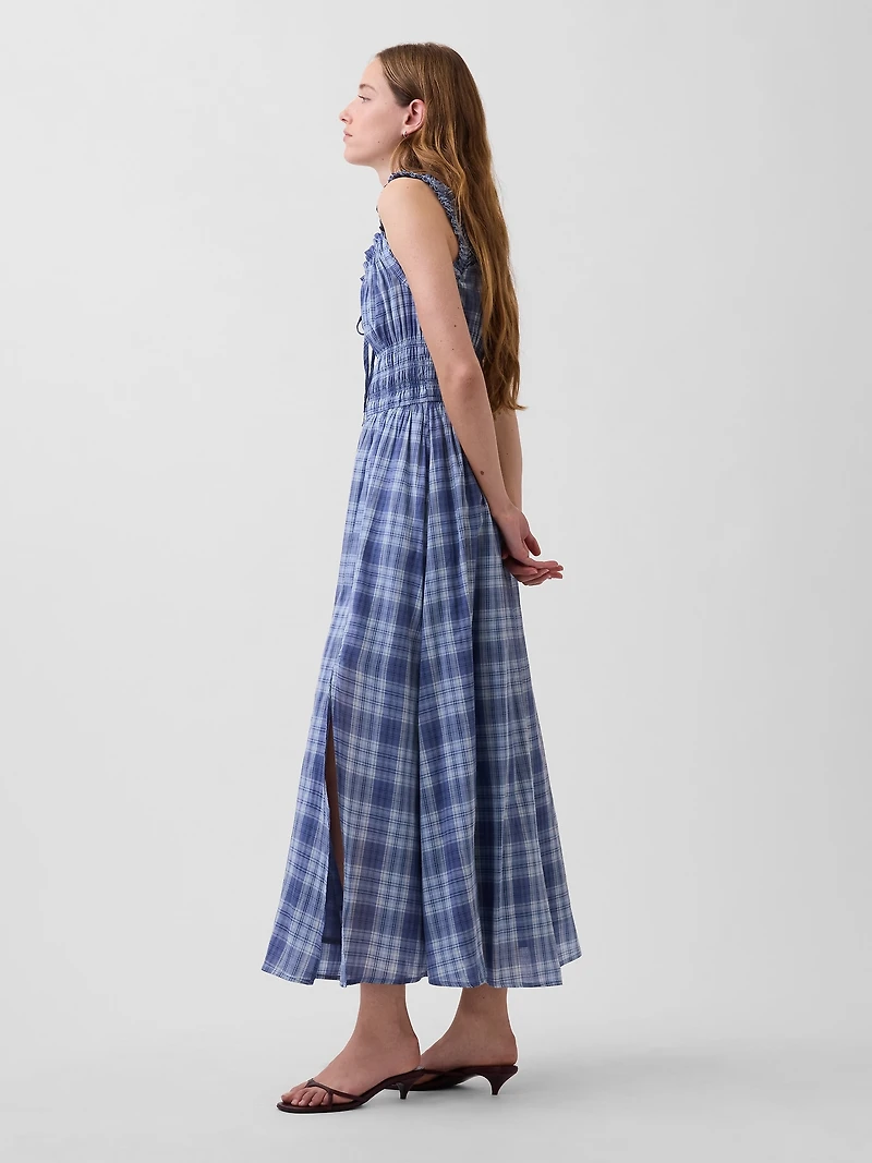 Plaid Voile Smocked Waist Maxi Dress