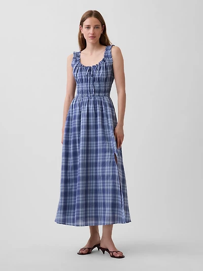 Plaid Voile Smocked Waist Maxi Dress