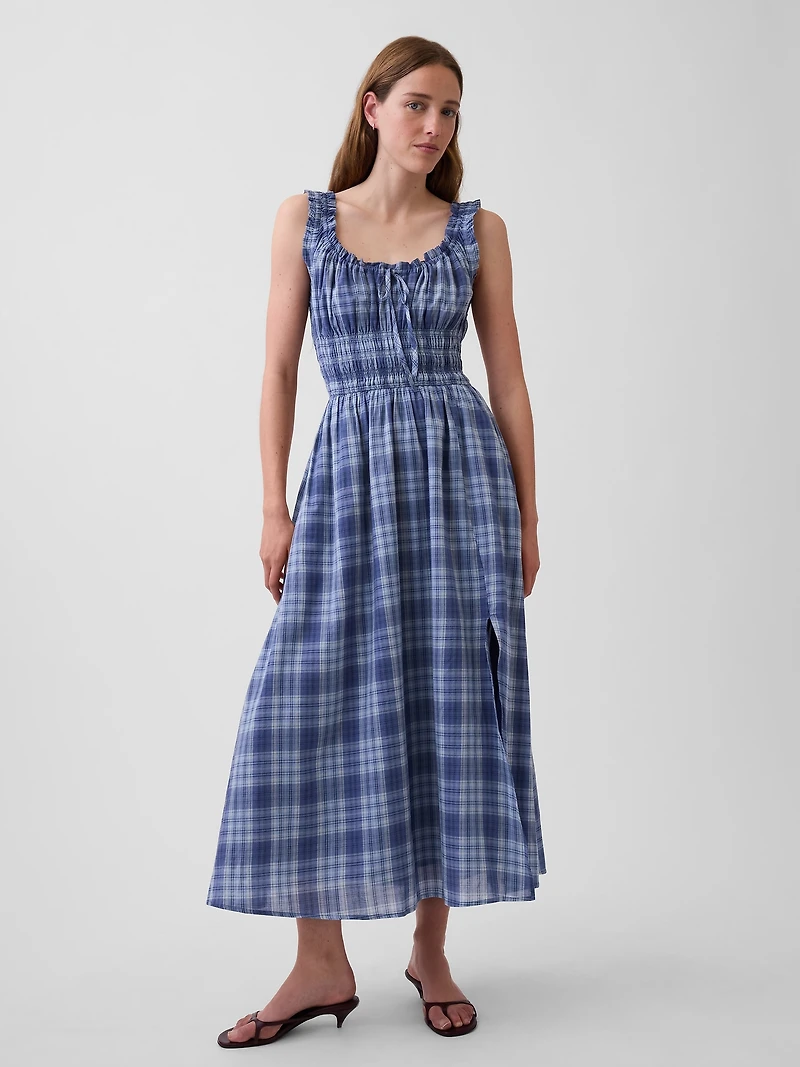 Plaid Voile Smocked Waist Maxi Dress