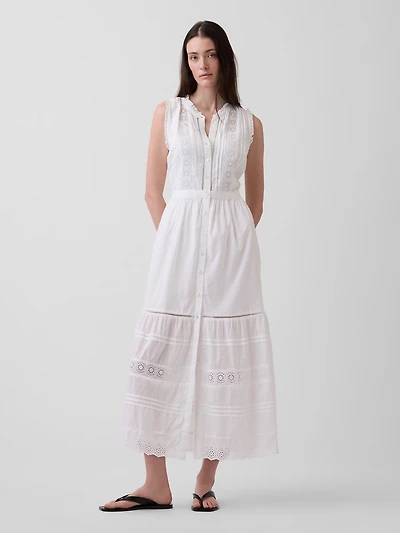 Lace-Trim Tiered Midi Shirtdress