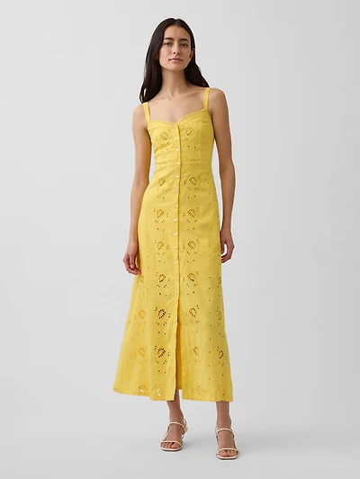 Linen-Blend Embroidered Button-Front Cami Maxi Dress