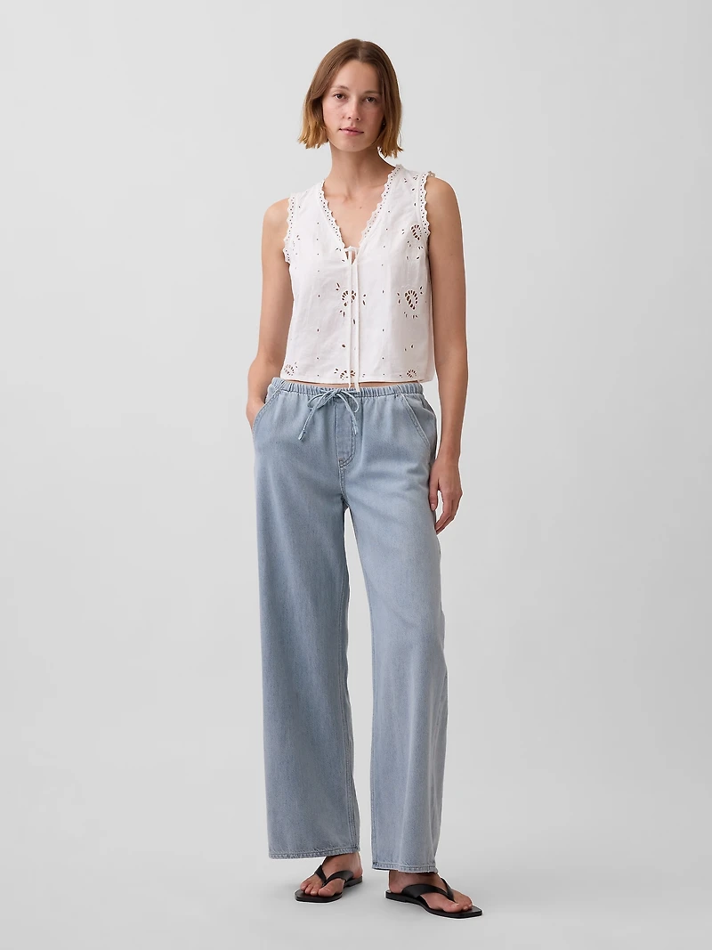Linen-Blend Embroidered Crop Shell Tank Top
