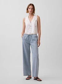 Linen-Blend Embroidered Crop Shell Tank Top
