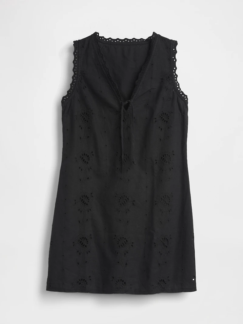 Linen-Blend Embroidered Mini Shift Dress