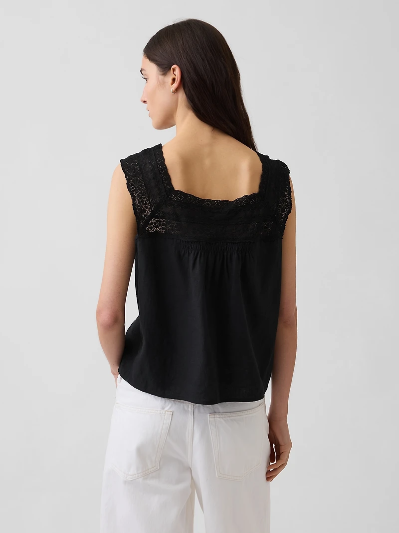 Linen-Blend Crochet Square-Neck Top