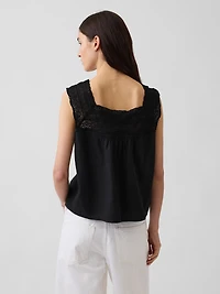 Linen-Blend Crochet Square-Neck Top