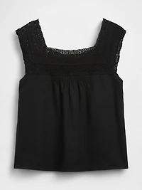 Linen-Blend Crochet Square-Neck Top