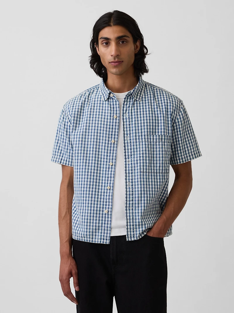 Gingham Denim Relaxed Straight-Hem Shirt