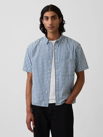 Gingham Denim Relaxed Straight-Hem Shirt