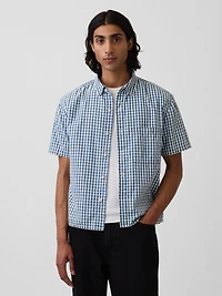 Gingham Denim Relaxed Straight-Hem Shirt