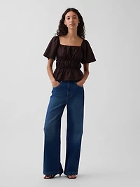 Square-Neck Flutter-Sleeve Peplum Top