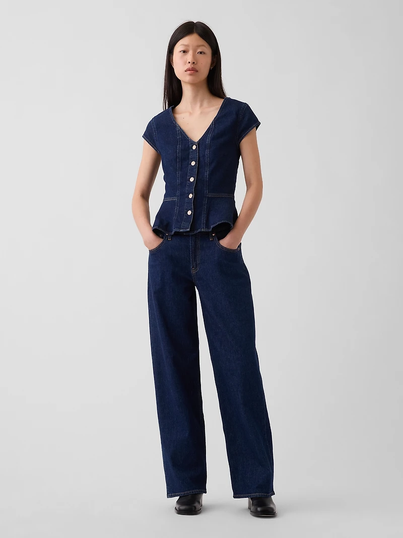 Denim Fitted Cap-Sleeve Peplum Top