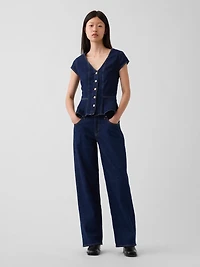Denim Fitted Cap-Sleeve Peplum Top