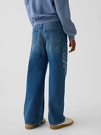 Kids Low Rise Stride Embroidered Floral Wide-Leg Jeans
