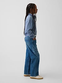 Kids Low Rise Stride Embroidered Floral Wide-Leg Jeans