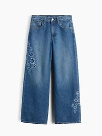 Kids Low Rise Stride Embroidered Floral Wide-Leg Jeans