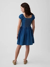 Kids Denim Puff-Sleeve Mini Dress