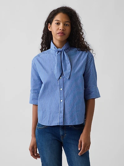 Organic Cotton Poplin Tie-Neck Shirt