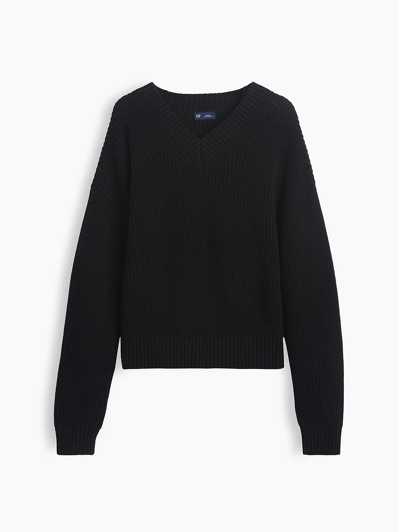 100% Cotton Oversized Shaker V-Neck Sweater