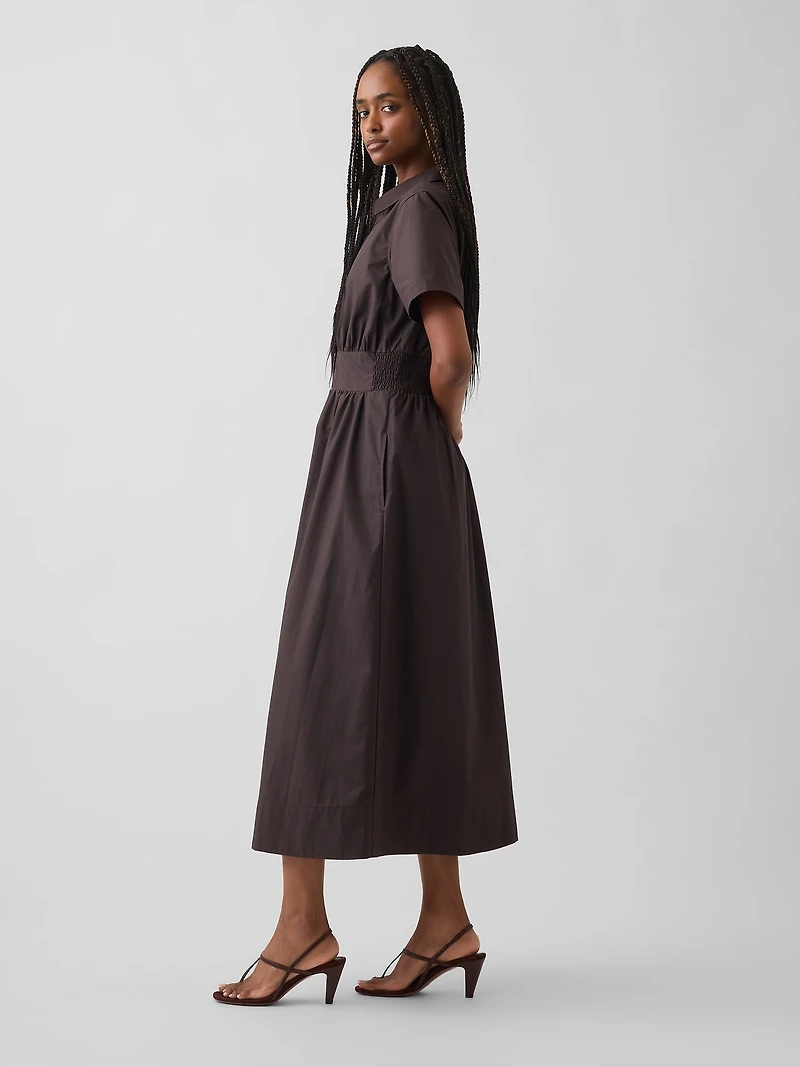 Poplin Smocked-Waist Maxi Shirtdress