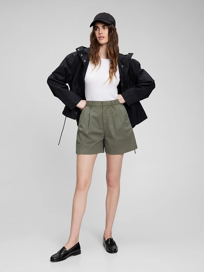 High Rise Pleated Khaki Shorts
