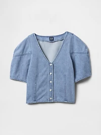 Cropped Puff-Sleeve Denim Shirt