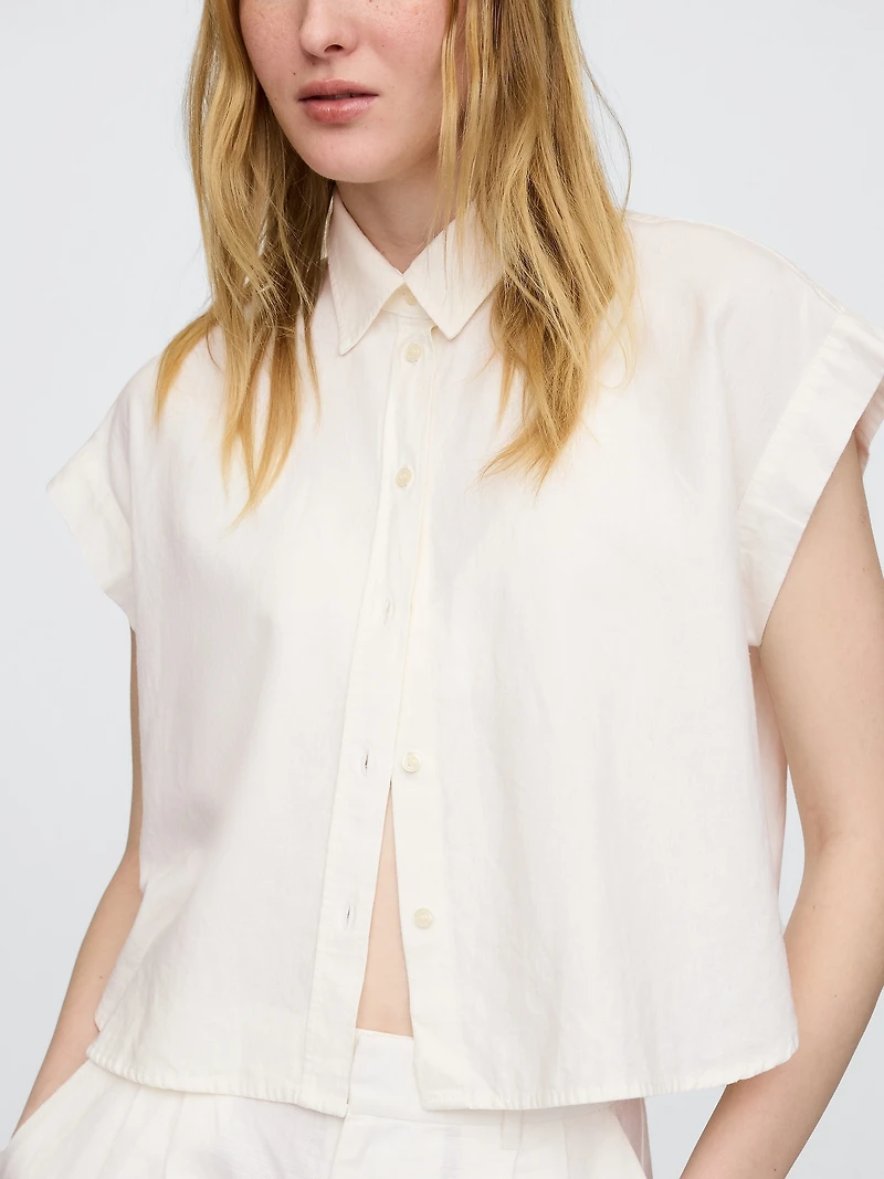 Linen-Blend Crop Shirt