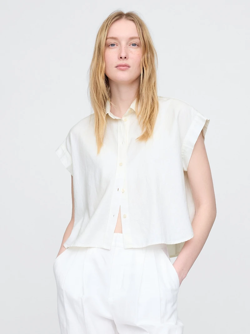 Linen-Blend Crop Shirt