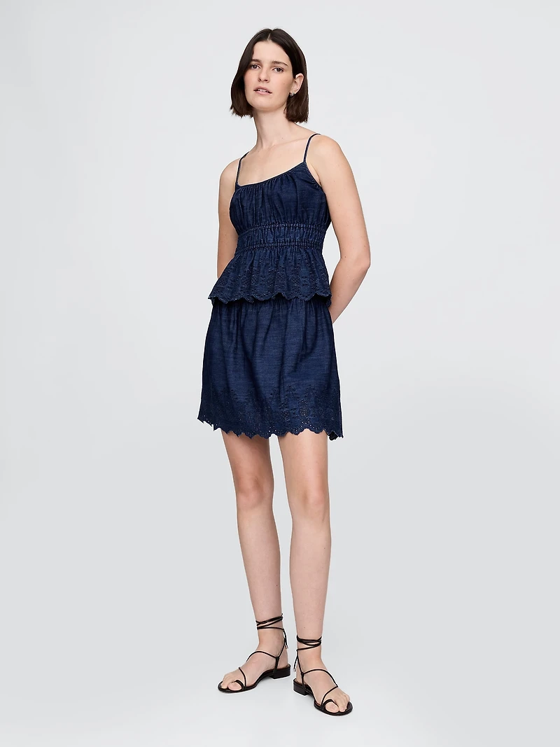 Smocked Eyelet Denim Cami