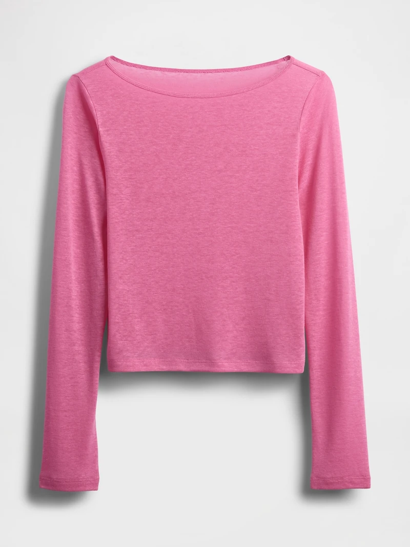 Linen-Blend Boatneck Crop T-Shirt