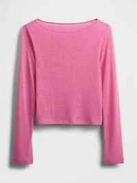 Linen-Blend Boatneck Crop T-Shirt