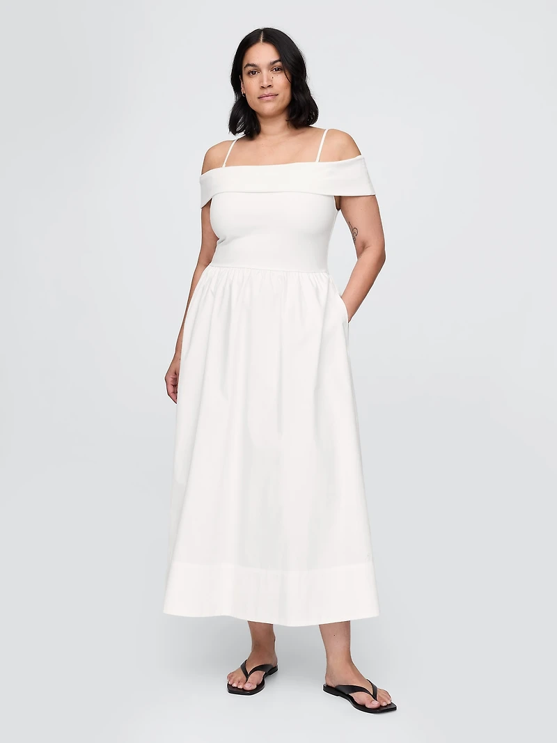 Mixed Media Off-Shoulder Midi Dress