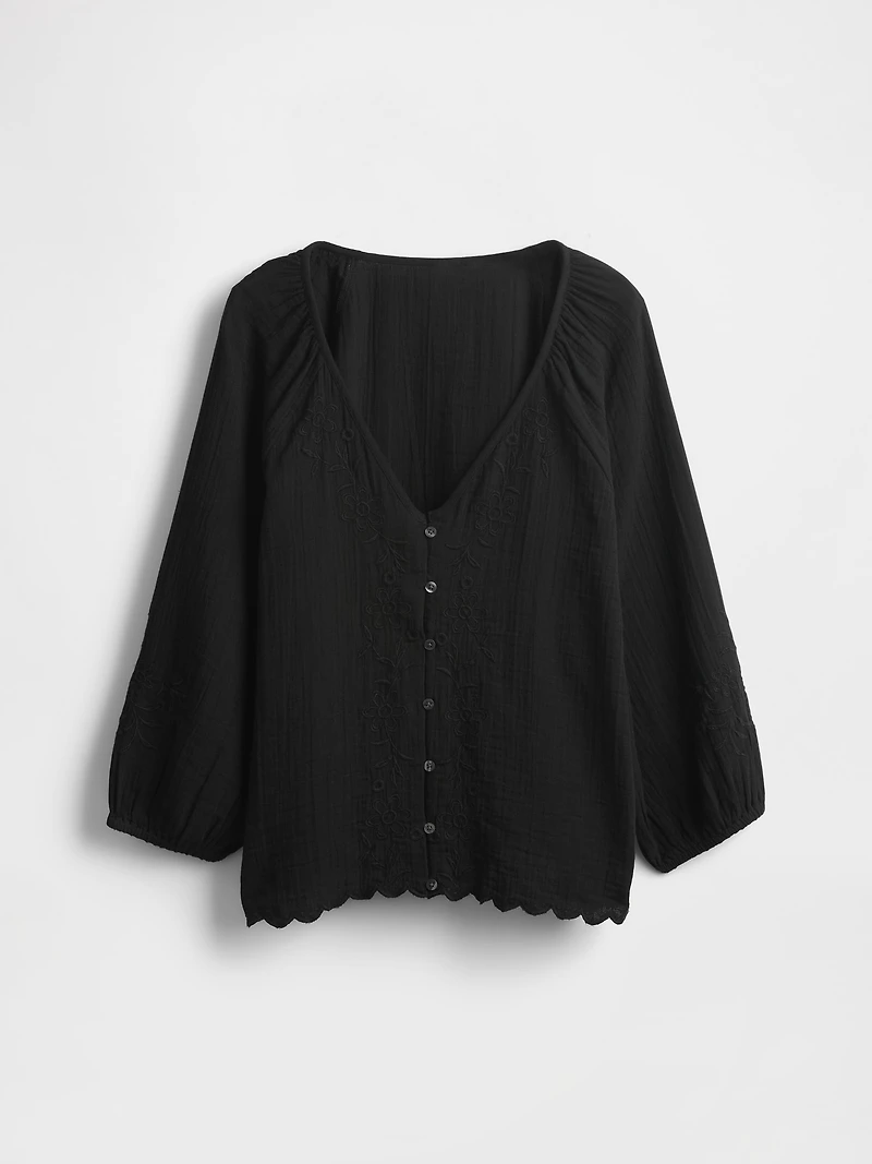 Cotton Gauze Embroidered V-Neck Top