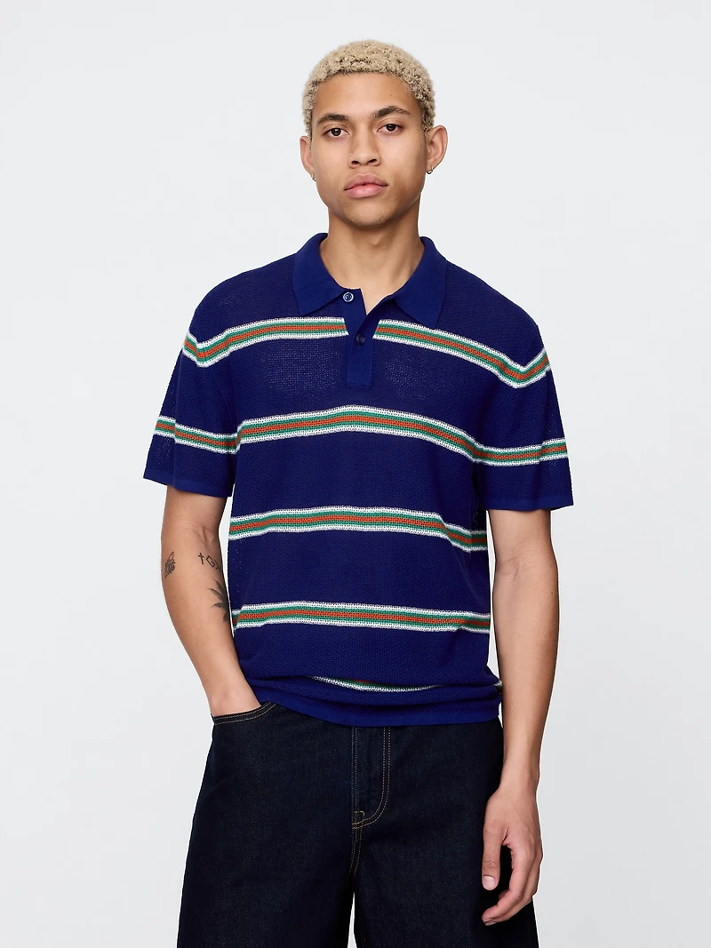 Textured Crochet Polo Shirt Sweater