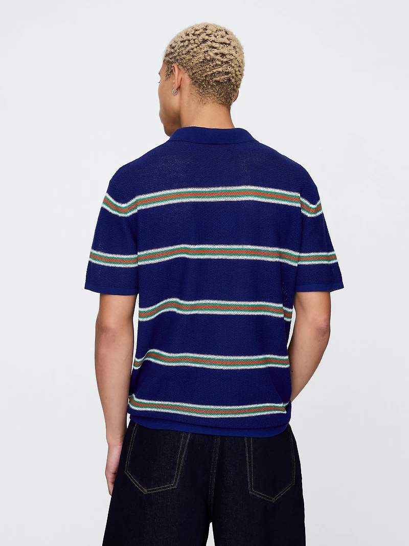 Textured Crochet Polo Shirt Sweater