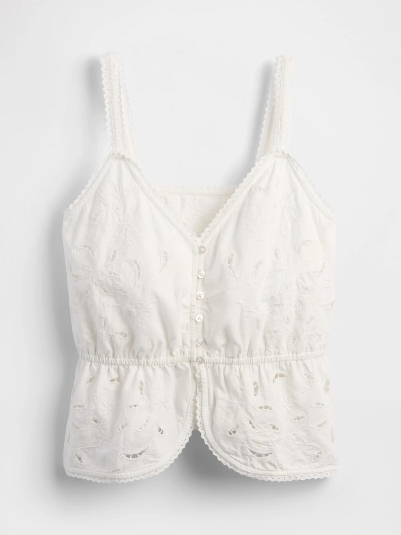 Linen-Blend Eyelet Peplum Top